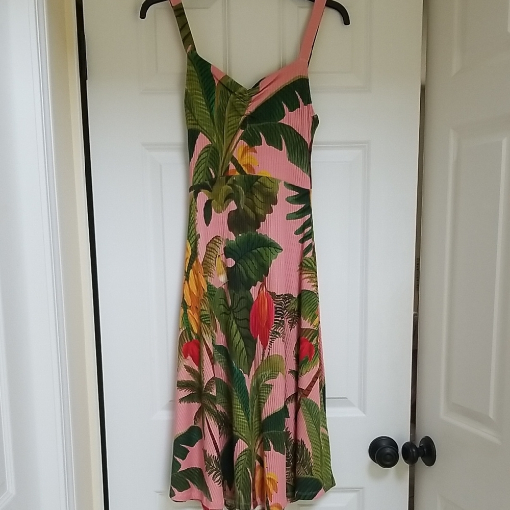 FARM RIO Pink Cocoa Forest A-Line Ribbed Jersey Dress S NWT